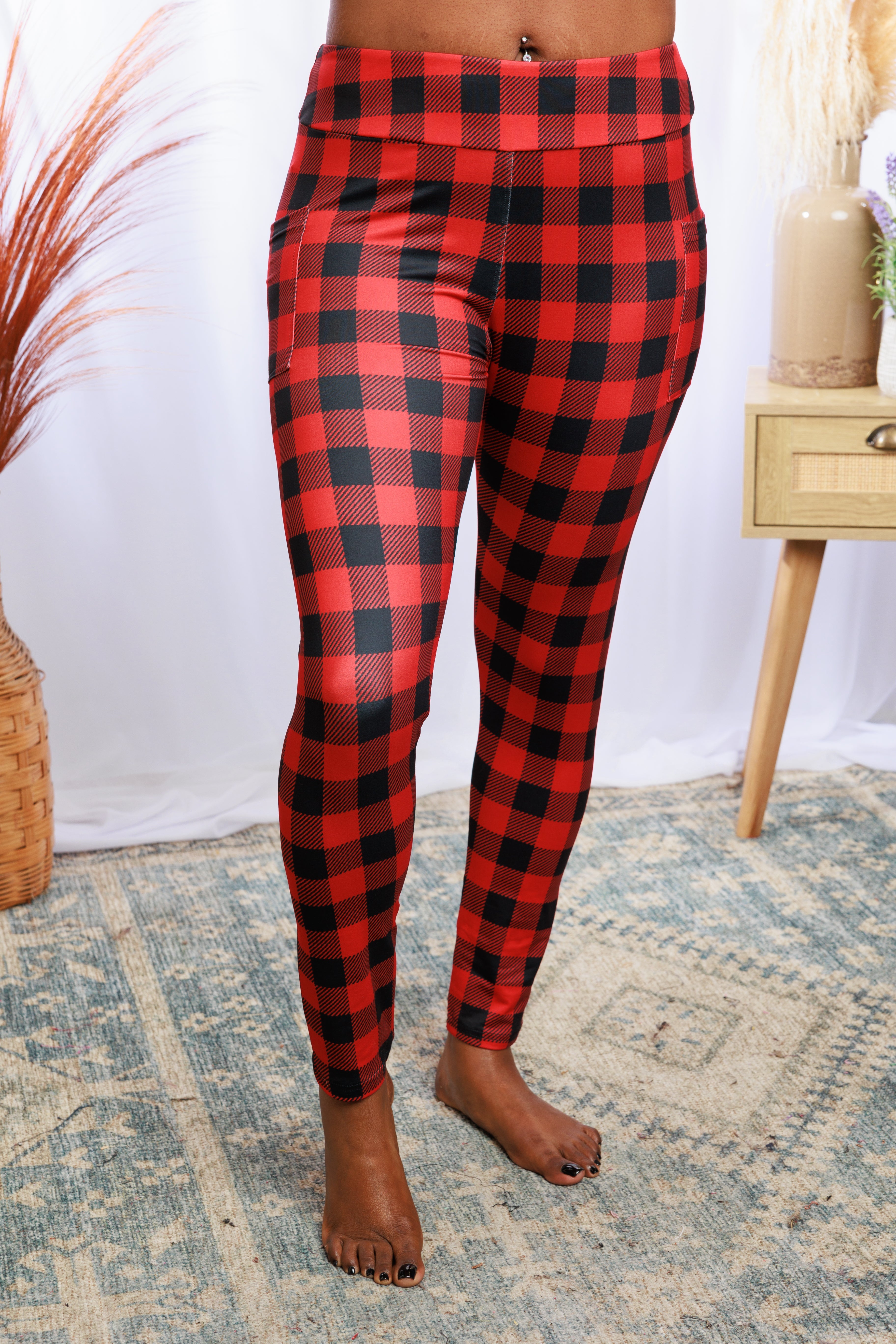 Red Plaid Leggings with Pockets